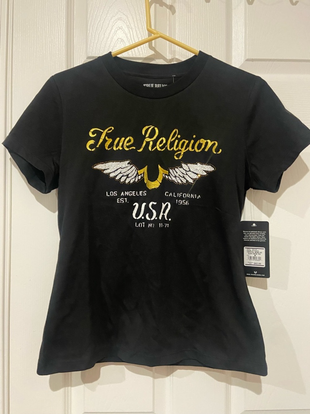 True Religion Black Tee with Gold & White Embroidered Logo